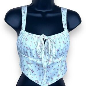 SIZE 4 ROMWE FLORAL CROP TOP PEASANT COTTAGE BEIGE IVORY PINK SLEEVELESS STRETCH